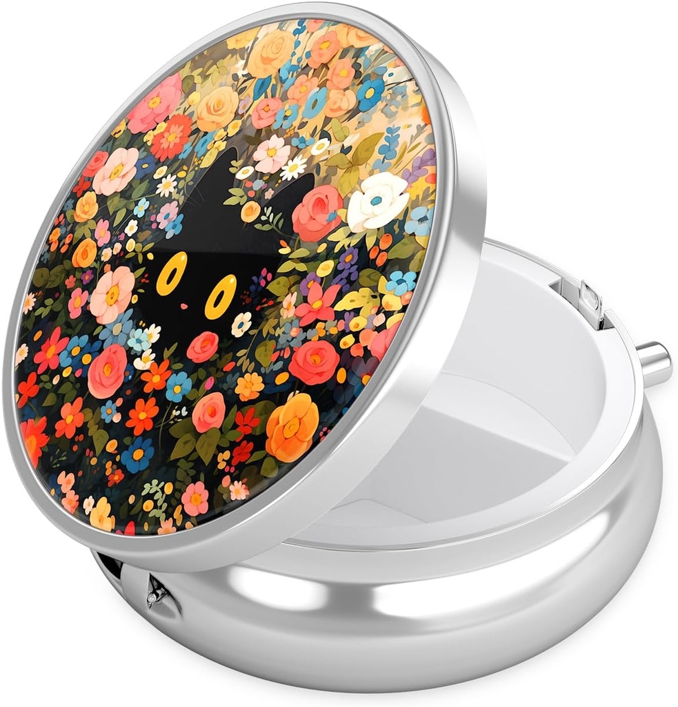 Nipichsha Pill Box, Small Pill Case for Purse ' Pocket, Cute Travel Medicine Organizer, Portable Medicine Container Holder to Hold Vitamins, Medication, Fish Oil " supplement, Flower Cat