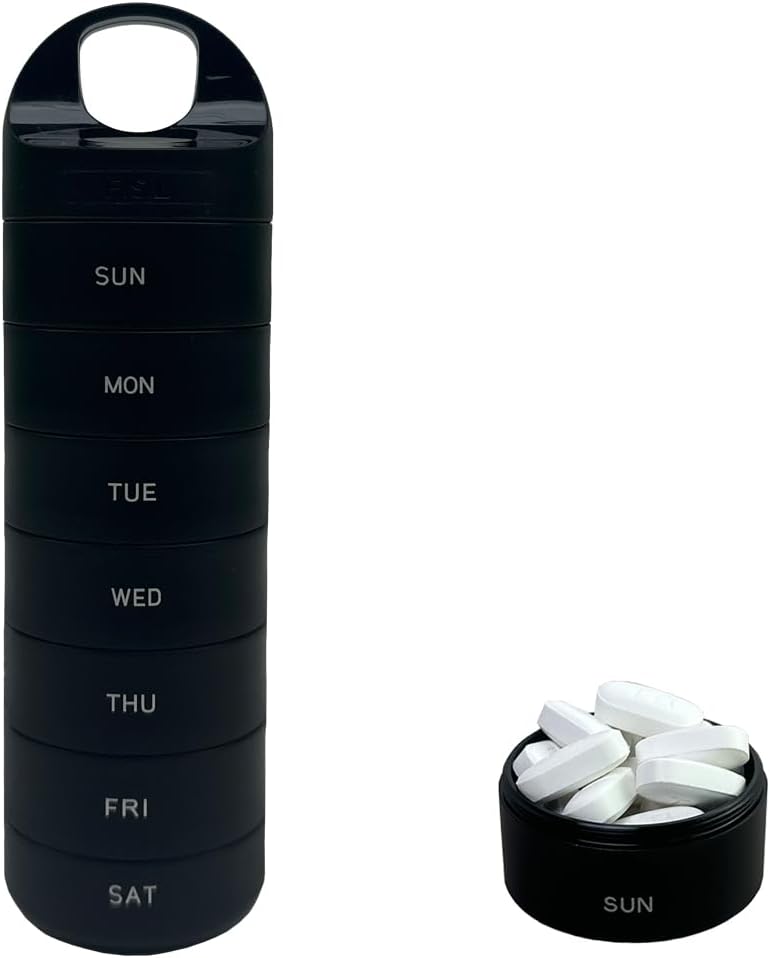Black Plastic Weekly Pill Organizer - Smart Mell Organizer Travel - Waterproof, BPA-Free 7 Day Medicine Container - Pill Holder for Vitamins ' Medications