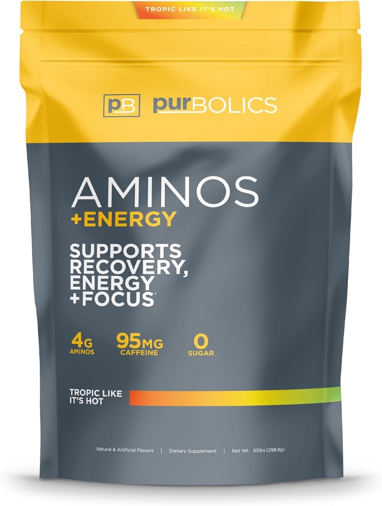 Purbolics Aminos + Energi | Støtter gjenoppretting, energi og fokus | 95 mg koffein, 0 sukker og 60 serveringer (tropic som det er varmt)