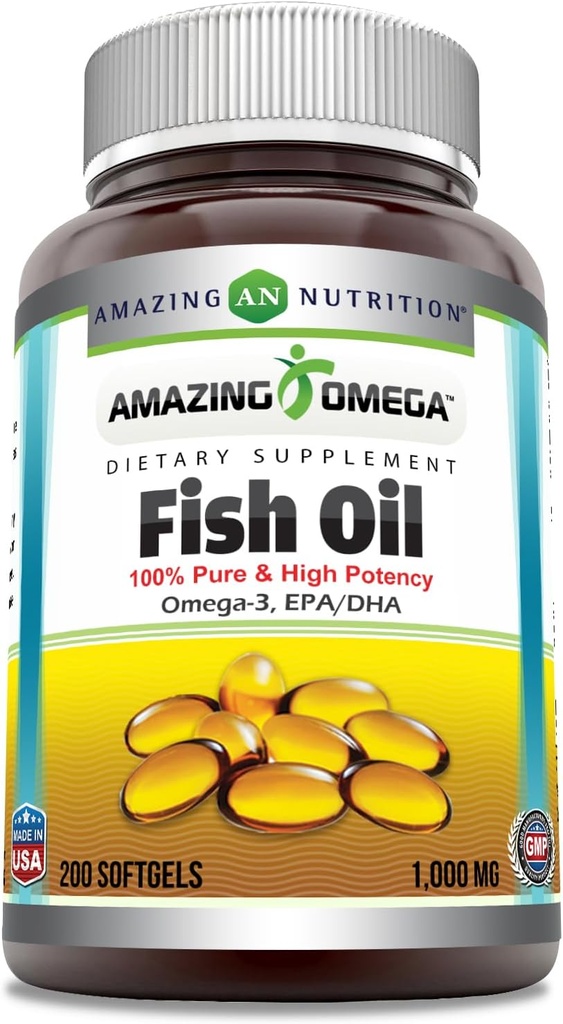 Amazing Omega Fish Oil 1000 mg Softgels Supplement | Omega-3, 180 mg EPA. 120 mg DHA | High Potency (200 Count)