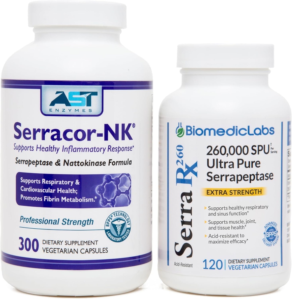 Serracor-NK (300) & Serra-RX 260.000 SU (120)- Panno di tessuto cicatriziale - Acid-Resistant Serrapeptase Proteolytic Systemic Enzyme