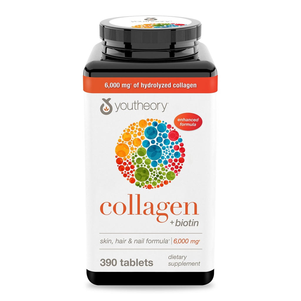 Youtheory Collagen + Biotin - Advanced Collagen Supplement - with Hydrolyzed Peptides, Vitamin C & Vitamin B - Supports Hair Growth, Nail Health & Skin - 390 Tablets