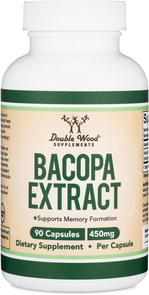 Bacopa Monnieri Capsule 20% Bacosides 450mg, 90 Count (Non OGM, Gluten Free) Estratto di Brahmi (Supplemento di memoria per la salute del cervello, messa a fuoco e funzione cognitiva) di legno doppio