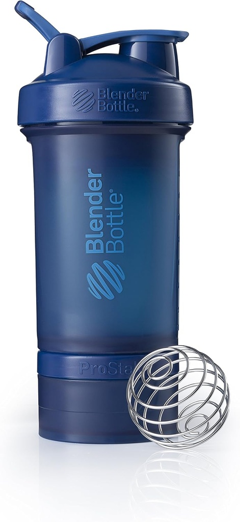 Garrafa BlenderBottle Shaker com Organizador de Pílulas e Armazenamento para Protein Powder ProStak System, 22-ounce, Marinha