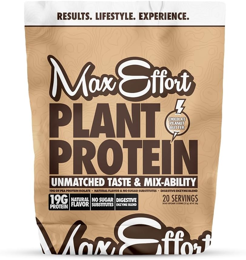 MAX EFFORT Bitki Protein Toz, 19 G Pea Protein, Bitki əsaslı, Gluten Pulsuz, Aşağı Carb, Protein Shake və ya Smoothie Mix, Meal alternativ, No Whey, No Sugar Substitutes, Chocolate Peanut Butter, 20 Srvggg