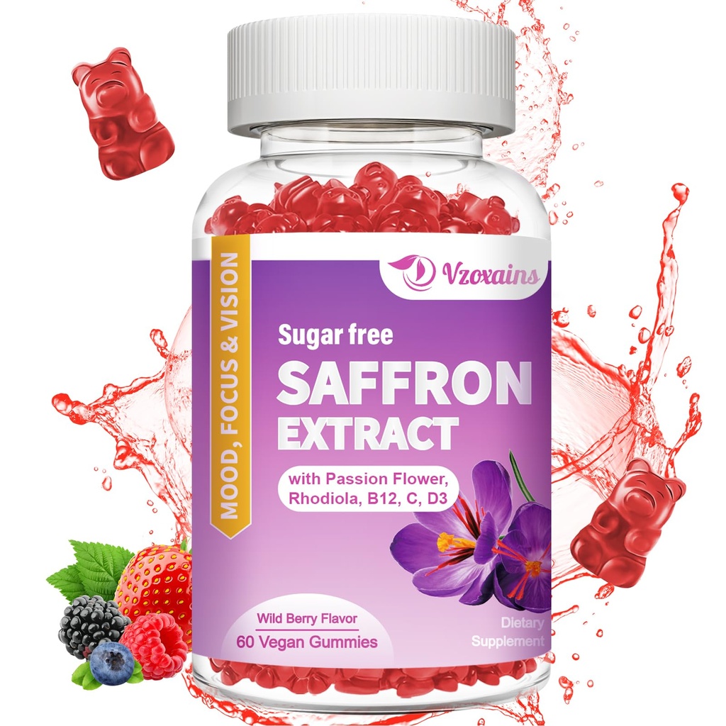 Saffron Gummies, 10 in 1 Saffron Supplements Gummies with Magnesium, Ashwagandha & Rhodiola Rosea, Sugar Free Vegan Mixed Berry Flavor - 60Cts