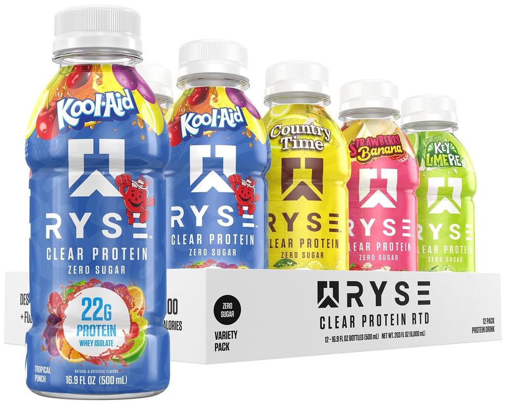 RYSE Clear Protein İçki - Çeşitli Paket - 100 Calories, 22g Whey Isolate Protein Shake, Sugar-Free, 0g Fat & Lactose-Free - Hazır-to-Drink İçki - 16.9 fl oz Şişeler (12-Pack)
