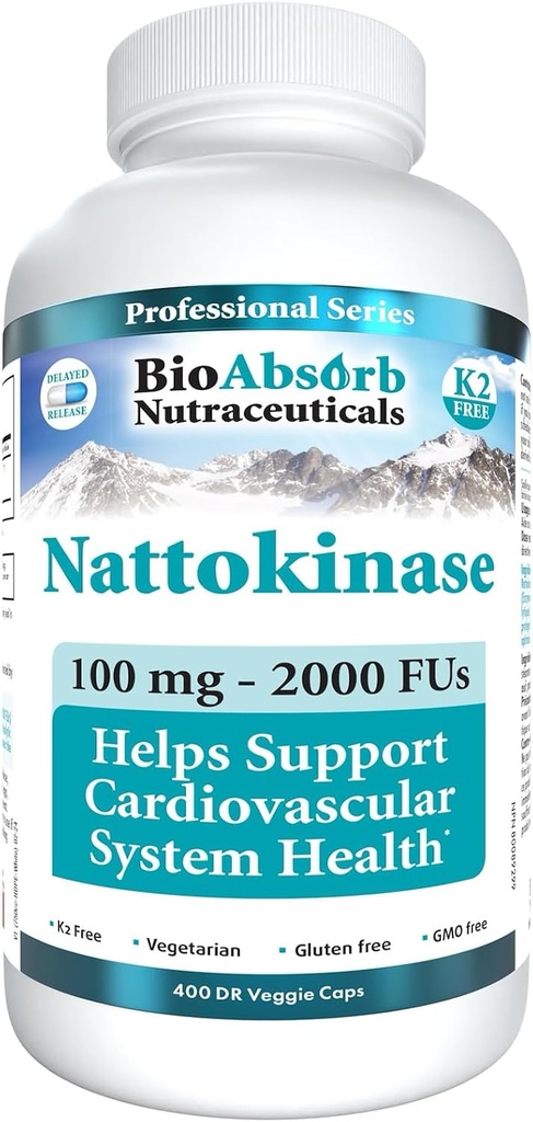 Bio Absorb Nattokinase supplement. 100 mg, 2000 FUs. 400-Day Supply. Non-GMO Natto Extract Enzyme (400 Veggie Caps)