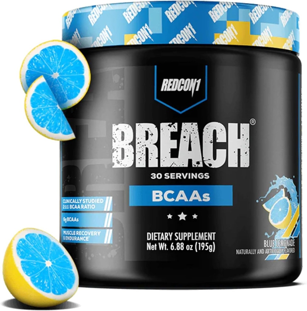 REDCON1 Breach BCAA 'er, Blue Lemonade - Keto Friendly + Sugar Free Essential Aminoacids for Recovery - Indeholder BCAA L- Leucin, L- Isoleucin & L- Valine (30 Servere)