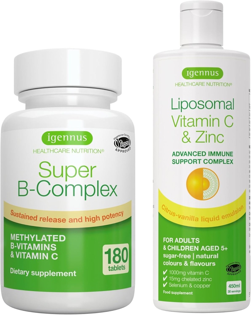 Super B-Complex + liposomālais C vitamīns 1000mg un cinks Vegana paka, metilēta, ilgstošas iedarbības B komplekss un augstas absorbcijas šķidruma imūnās palīdzības komplekss, ko izstrādājis Igennus