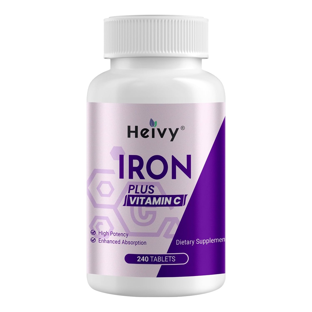 Heivy Iron Supplement Ferrous Sulfate 325mg with Vitamin C, 240 Vegan Tablets (8 Month Supply) - 65mg Elemental Iron - Non-GMO, Vegan, Highly Absorbable