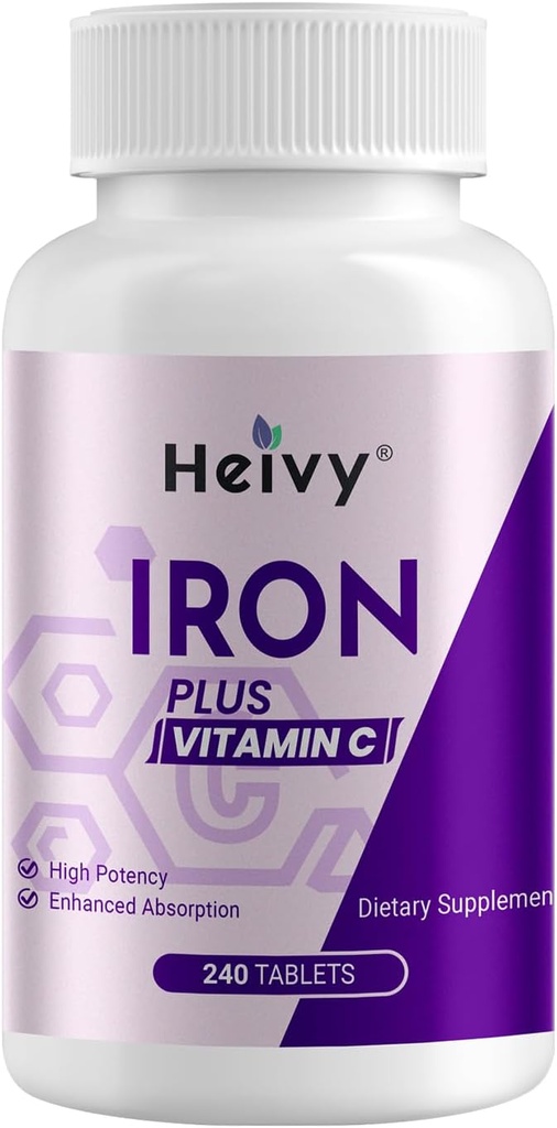 Sulfato ferroso Heivy 325mg (Iron 65mg), suplemento de ferro de alta potência para mulheres e homens, comprimidos de ferro com vitamina C, sulfato ferroso, não-GMO - 240 comprimidos fabricados nos EUA