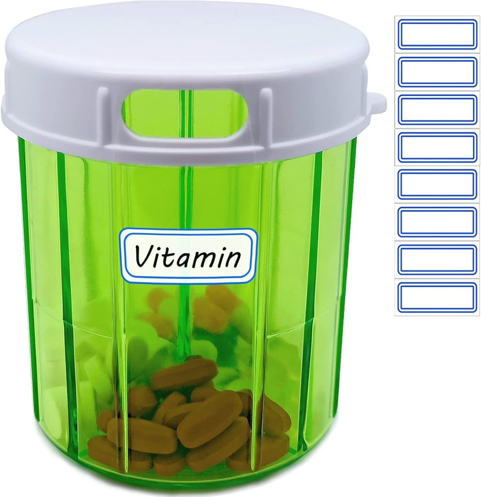 Vitamin Organizer Large Pill Dispenser 4 Compartment Portable Pill Organizer for Fish Oils, Vitamin, Supplements, Medication (Pill Container + Self Adhesive Labels)
