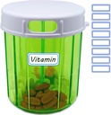 Vitamin Organizer Large Pill Dispenser 4 Compartment Portable Pill Organizer for Fish Oils, Vitamin, Supplements, Medication (Pill Container + Self Adhesive Labels)