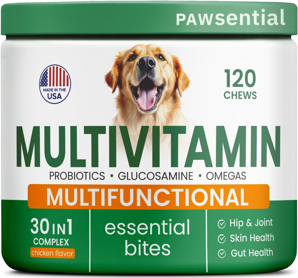 Dog Vitamins with Glucosamine, Probiotics & Omega | Multivitamin for Dogs - Hip & Joint Support - Skin & Coat - Gut Health - Adult & Senior - Large & Small Breeds - 120 Chews