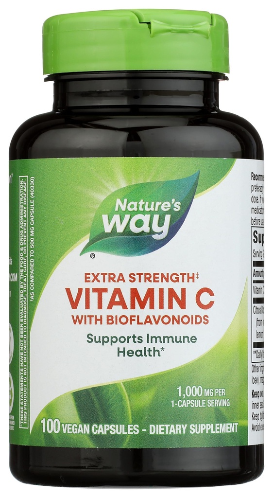 Nature's Way Extra Strength(1) Vitamin C with Bioflavonoids, Supports Immune Health*, Promotes Collagen Production for Healthy Skin*, 1,000 mg per Capsule, 100 Vegan Capsules (Packaging May Vary)