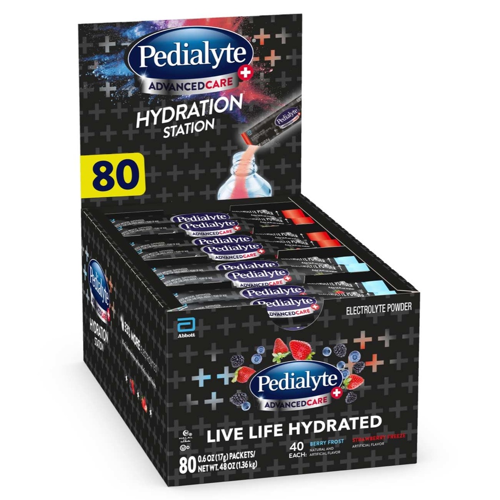 Pedialyte AdvancedCare Plus Electrolyte Powder Packets, Has 33% More Electrolytes and PreActiv Prebiotics, Variety Pack: Berry Frost and Strawberry Freeze, 24 Powder Packets