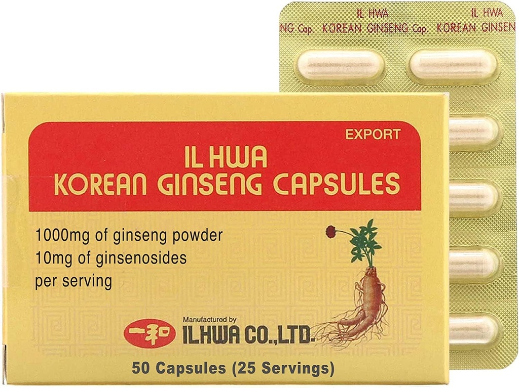 ILHWA Hàn Quốc Ginseng Capsule (500 mg*100 Capsules, 50 phục vụ) - 500mg của 100% Panax Root Powder Hàn Quốc. Ginsenoside 10 mg cho mỗi dịch vụ.