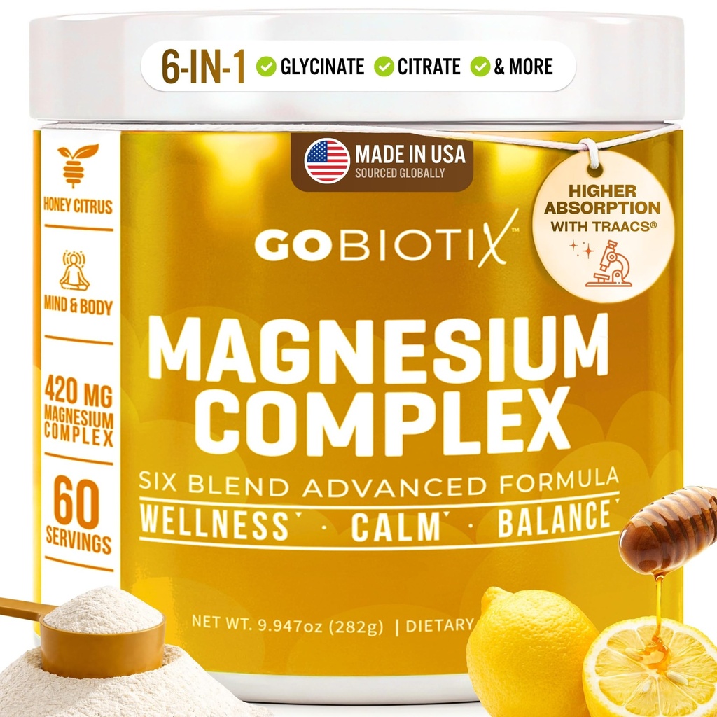 GOBIOTIX Magnesium Glycinate Powder – 6-Form Magnesium Complex: Malate, Citrate & More – Sleep, Stress & Calm Support for Women & Men – High Absorption, Sugar Free – 420mg, 60 Servings (Honey Citrus)