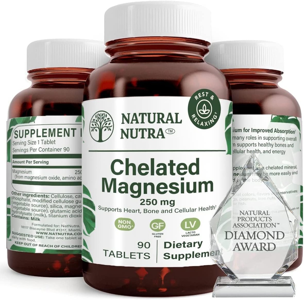 Natural Nutra Chelated Magnesium Oxide 250 mg - High Absorption for powerful Bones, Heart Health, Energy Boost, Gluten-Free, Non-GMO, 90 Tablets (3 Pack) in BPA-Free Recyclable Glas Bottles