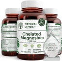Natural Nutra Chelated Magnesic Oxide 250 mg - Висока абсорбция за здрави кости, Heart Health, Energy Boost, Gluten- Free, Non- GMO, 90 таблетки (3 Pack) в BPA- Free бутилки за рециклиране