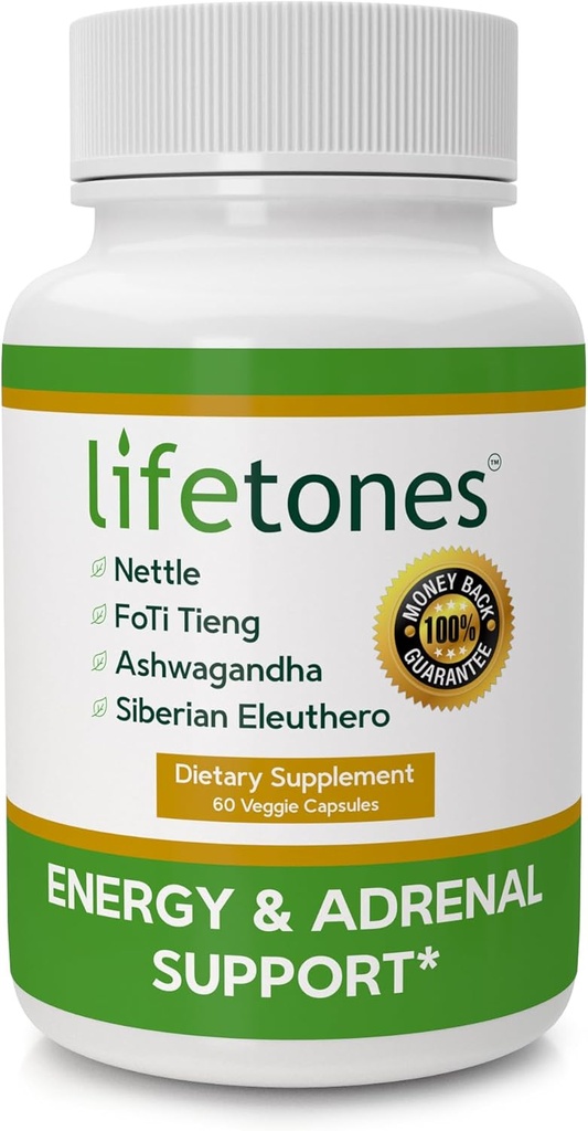 Lifetones Energy & Adrenal Support Capsules - Natural Energy Boost, Stress Relief och Adrenal Health Formel - 60 Vegan Vitaminer