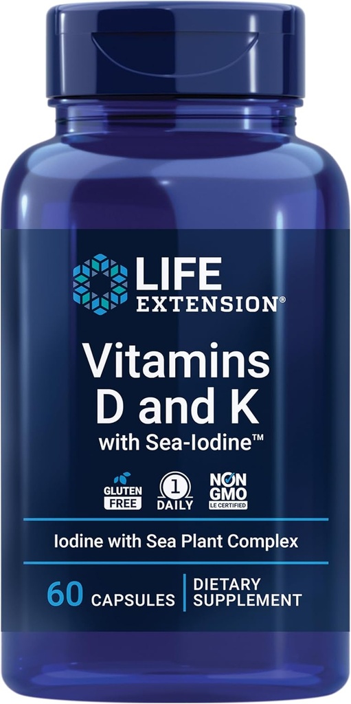 Life Extension Vitaminer D og K med SeaIodine Bone Hjerne Thyroid Arterial Support Ikke GMO En gang daglig Glutenfri, 60 greve