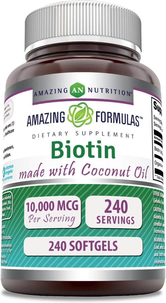 Amazing Formulas Biotin with Extra Virgin Organic Coconut Oil Supplement | 10000 Mcg | Softgels | Non-GMO | Gluten-Free | Made in USA (1 Pack, 240 Count)