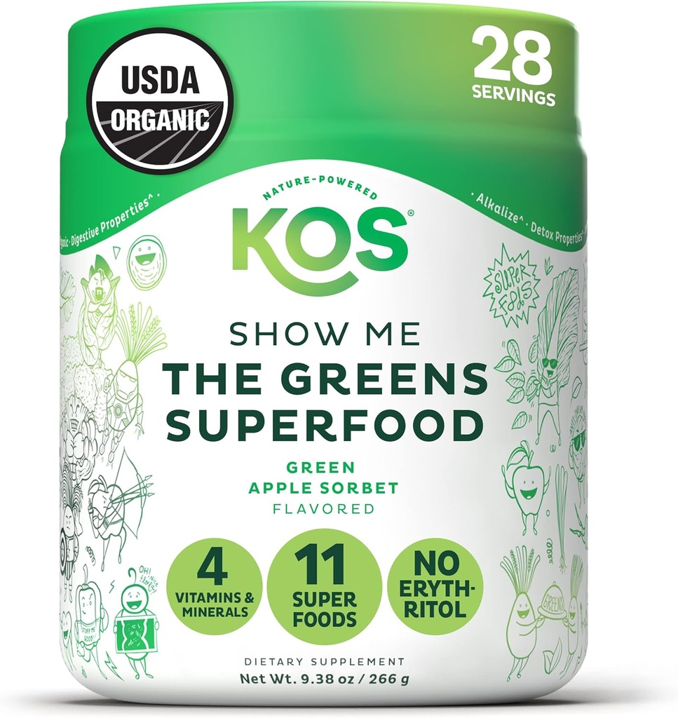 KOS Organic Super Greens Powder Erythritol Free - Plant Based Superfood Blend with Spirulina, Chlorella & Wheatgrass - USDA Certified Organic, Green Juice Smoothie - Apple Flavor - 28 Services