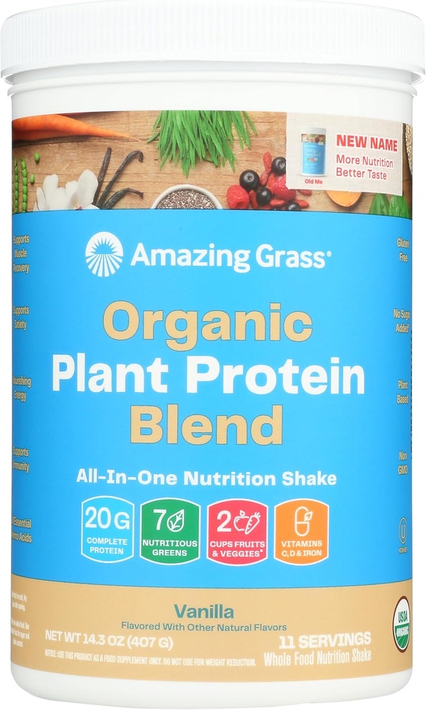 Amazing Grass Organic Plant Protein Blend: Vegan Protein Powder, New Protein Superfood Formula, All-In-One Nutrition Shake with Beet Root, Pure Vanilla, 11 Servings