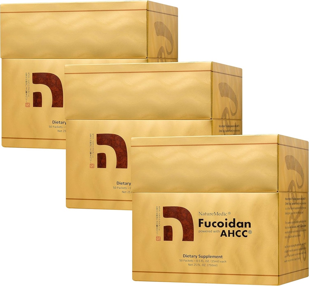 Fucoidan alimentado con AHCC® Brown Seaweed Immunity Supplement con High Purity Organic Mekabu Mozuku Agaricus 50 Concentrado Liquid Extract Packets /Box Made in Japan (3 caixas)