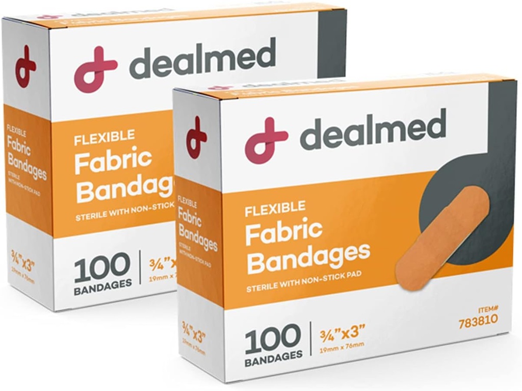 Dealmed Fabric Flex Yapıştırıcı Bandajları – 100 Count (2 Pack) Inter-Stick Pad, Latex Free, Yara Bakımı for First Aid Kit, 3" x 3" x 3"