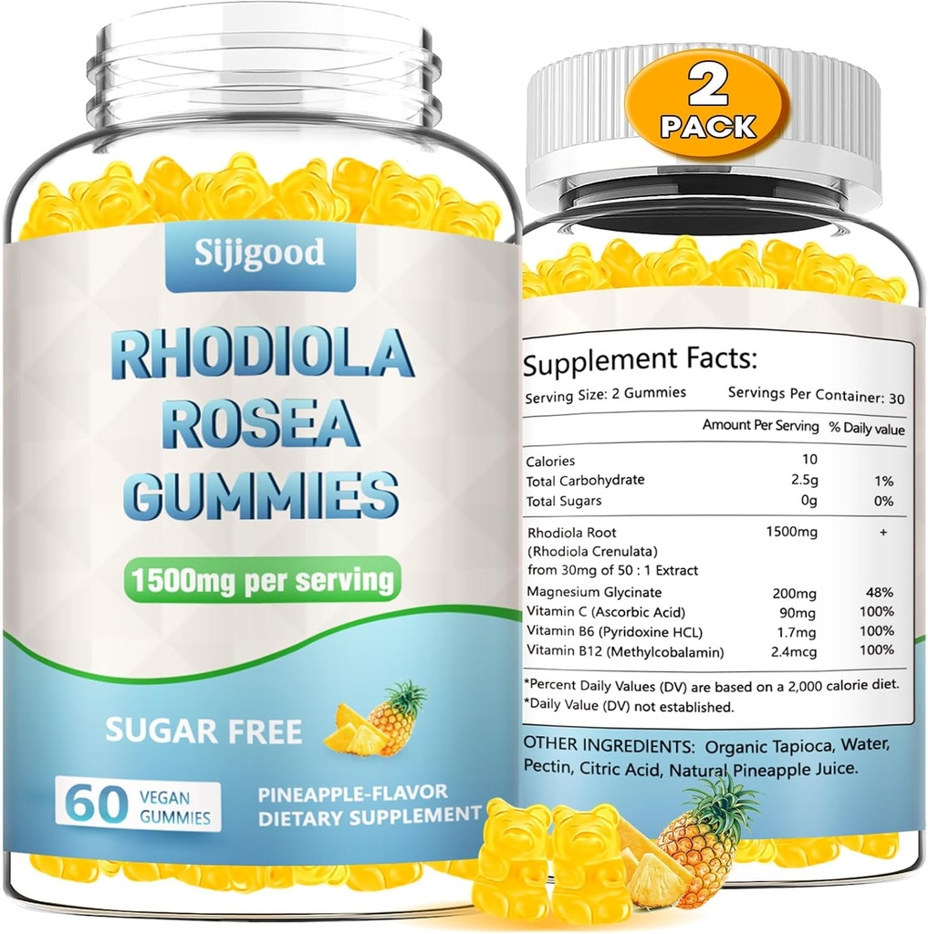 2 Pack Sugar-Free Rhodiola Rosea Gummis, Adaptogenic Rhodiola Rosea Ergänzung & Cortisol Blocker für verbesserte Stamina, Mood Erhöhung und Motivation Boost, Non-GMO, Vegan, 120 Zähler