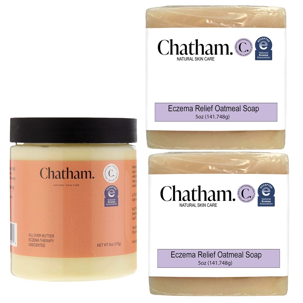Chatham Natural Skin Care Over Butter Eczema Therapy 6oz és 2 x Ekzema Relief Soap Bars 5oz Bundle Wardle 124; Colloid Gluten Free Oatdare