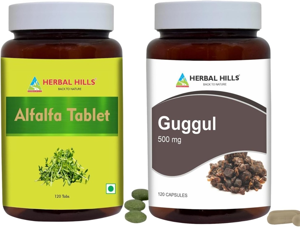 HERBAL HILLS Alfalfa Tablets and Guggul Capsules Guggulu Pack of 2 Combo