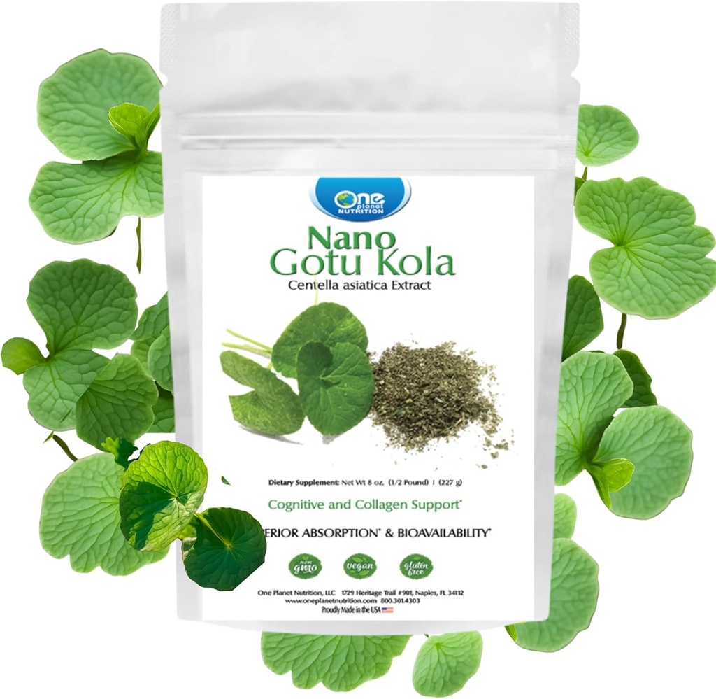 One Planet Nutrition Nano Gotu Kola Powder 8 oz (227 Servings), Gotu Kola Extract, Nano for Enhanced Absorption, Enhances Brain Function &quot; Collagen Synthesis, Non-GMO, Vegan, Gluten-Free
