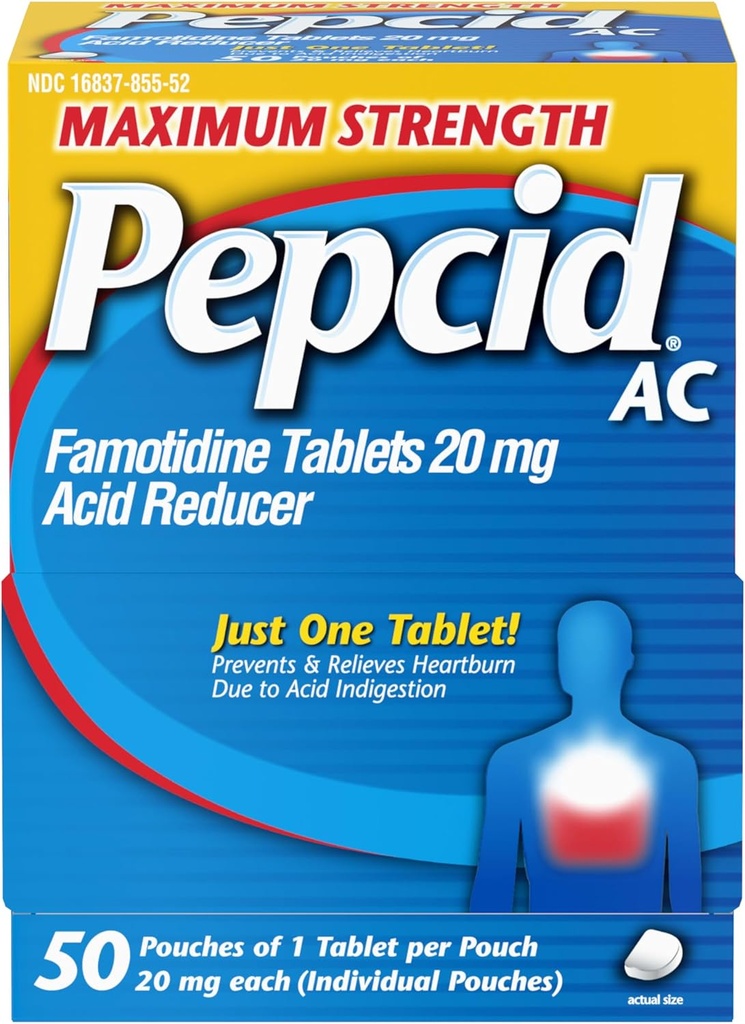Pepcid AC Maximum Strength Heartburn Relief Tablets, OTC Medicine Prevents ' Relieves Heartburn " Acid Reflux Debido a la indigestión de ácido, 20 mg Famotidine Acid Reducer, Fast-Acting, 1 x 50 ct