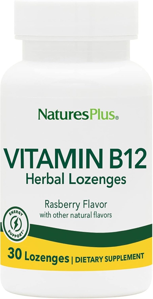 Natures Plus B12 Herbal Lozenges (Methylcobalamin) - 1000 mcg, 30 сублінгвальні Lozenges - Малина - Максимальне поглинання Red Blood Cell Support - Energy Booster - Вегетаріанська, клейковина-Free - 30 Сервінги