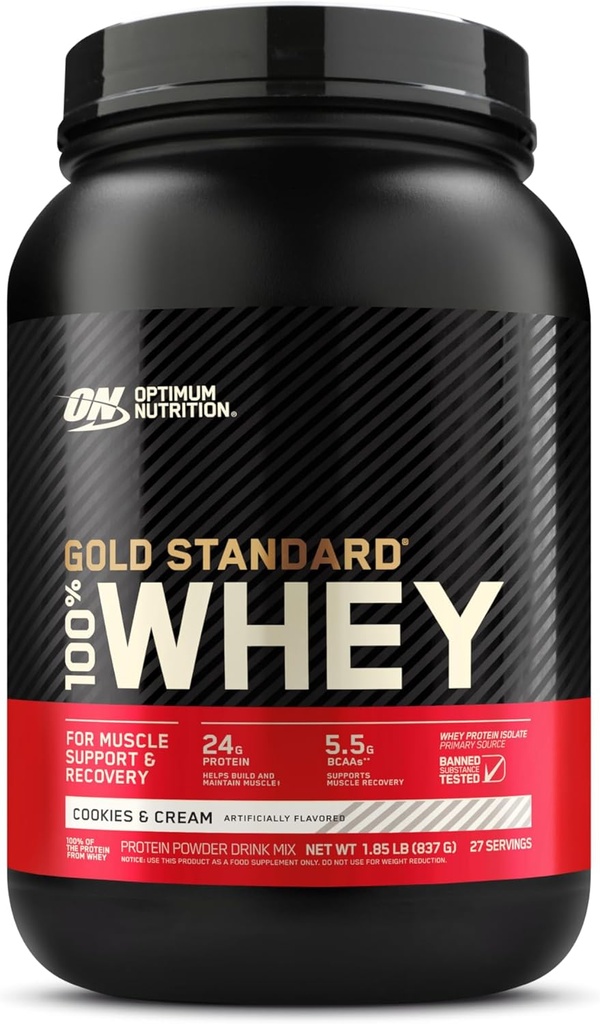 Optimum Nutrition Gold Standard 100% sūkalu olbaltumvielu pulveris, Cookies & Cream, 2 Pound (iepakojums May Vary)