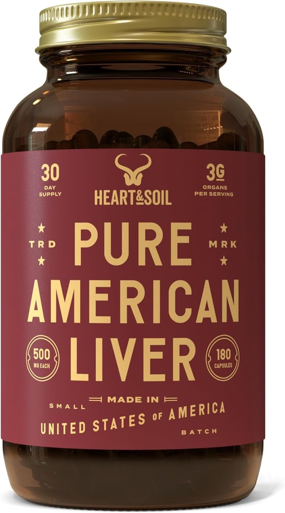 HEART " SOIL - American Liver supplement – 3000mg Grass-Fed Beef Liver, Rich in Vitamin A, B12, Iron " Peptides – Non-GMO, Allergen-Free – 180 Capsules