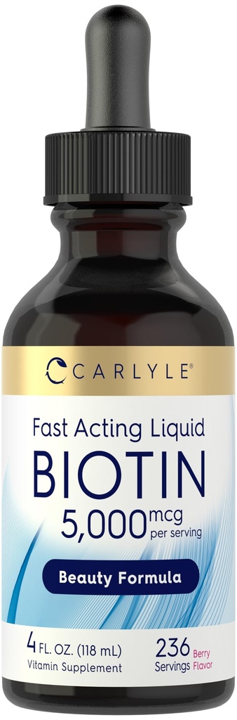 Carlyle Biotin 5000mcg Liquid Drops | 4 fl oz | for Women and Men | Berry Flavor | Beauty Formula | Vegetarian, Non-GMO & Gluten Free Supplement