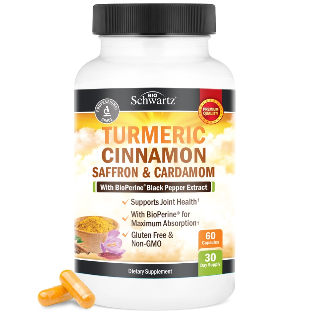 Turmeric Supplement with Saffron, Cinnamon and Cardamom Plus BioPerine Black Pepper Extract for Optimal Absorption, Natural Tumeric Curcumin Joint Support Supplement for Women and Men, 60 Capsules