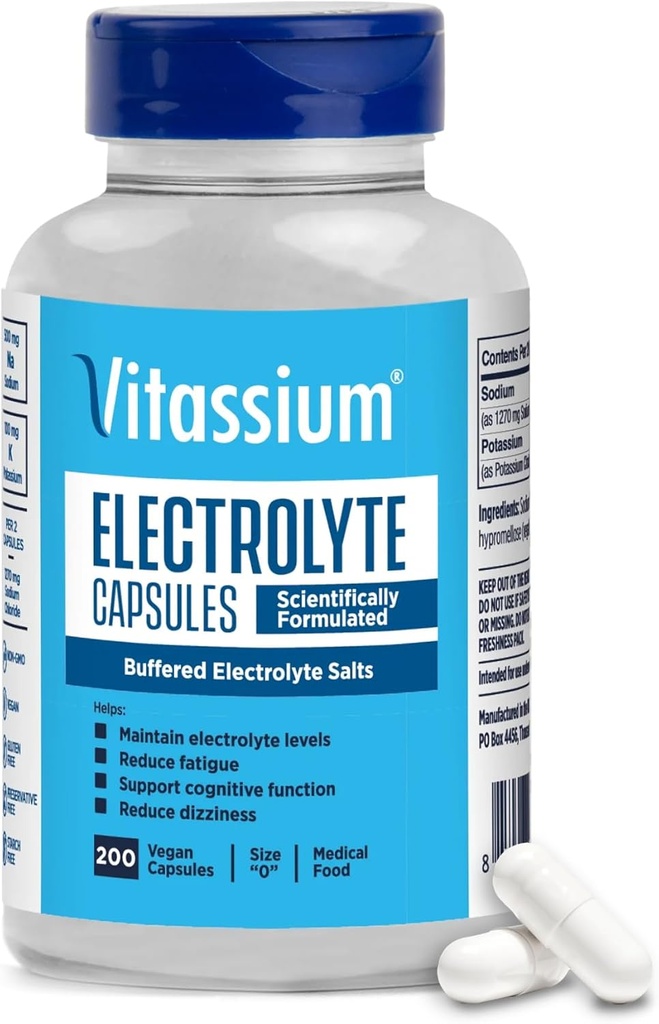 Vitassium Electrolyte Capsules, POTS və Yüksək neftlərin idarə edilməsi üçün Electrolytes (500mg Sodyum - 100 Pmgium), Unflavored, 200 Salt Pills (Size 0)