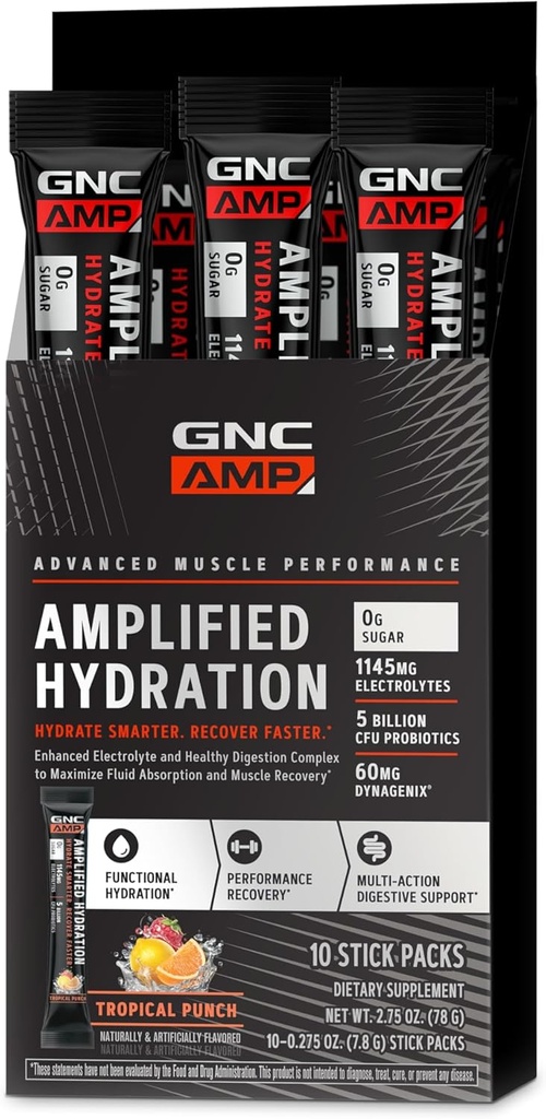 GNC AMP zesílená hydratace Electrolyte Powder Drink Mix 124; Enhanced Electrolyte & Health Digestion Complex 124; Tropical Punch 124; 10 Počet