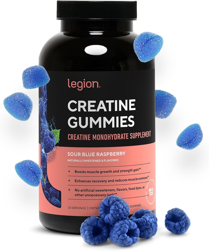 LEGION Creatiini Monohydraatti Gummies ... Puhdasta pureskeltavaa Creatiini täydentää vahvuus, Endurance & lihasten Recovery... 30 hapanta sinistä vadelma maku tarjoilua...