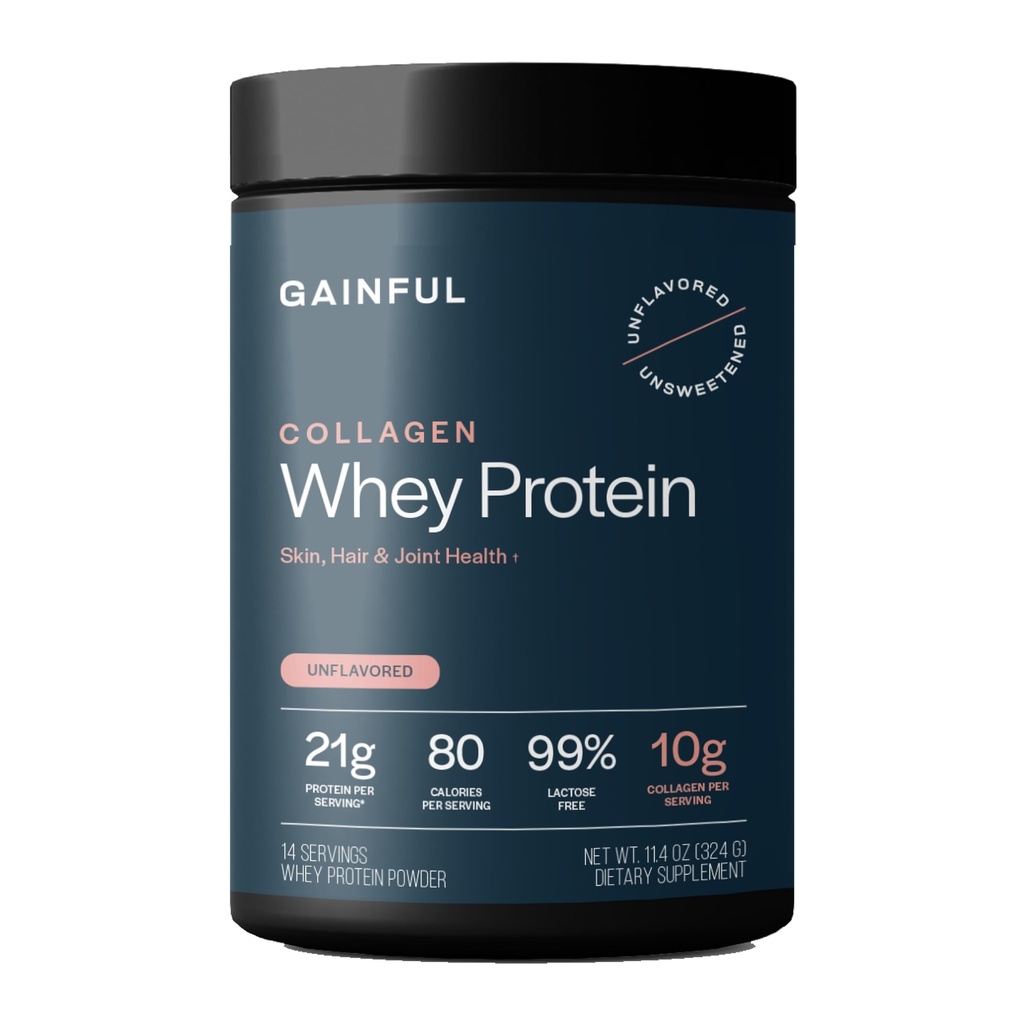 Gainful Collagen Whey Protein Powder, 21g Protein per Serving, Unflavored, Supports Muscle Recovery, Joint Health, and Skin Hydration with Grass-Fed Collagen Peptides, Vitamin C, 14 Servings