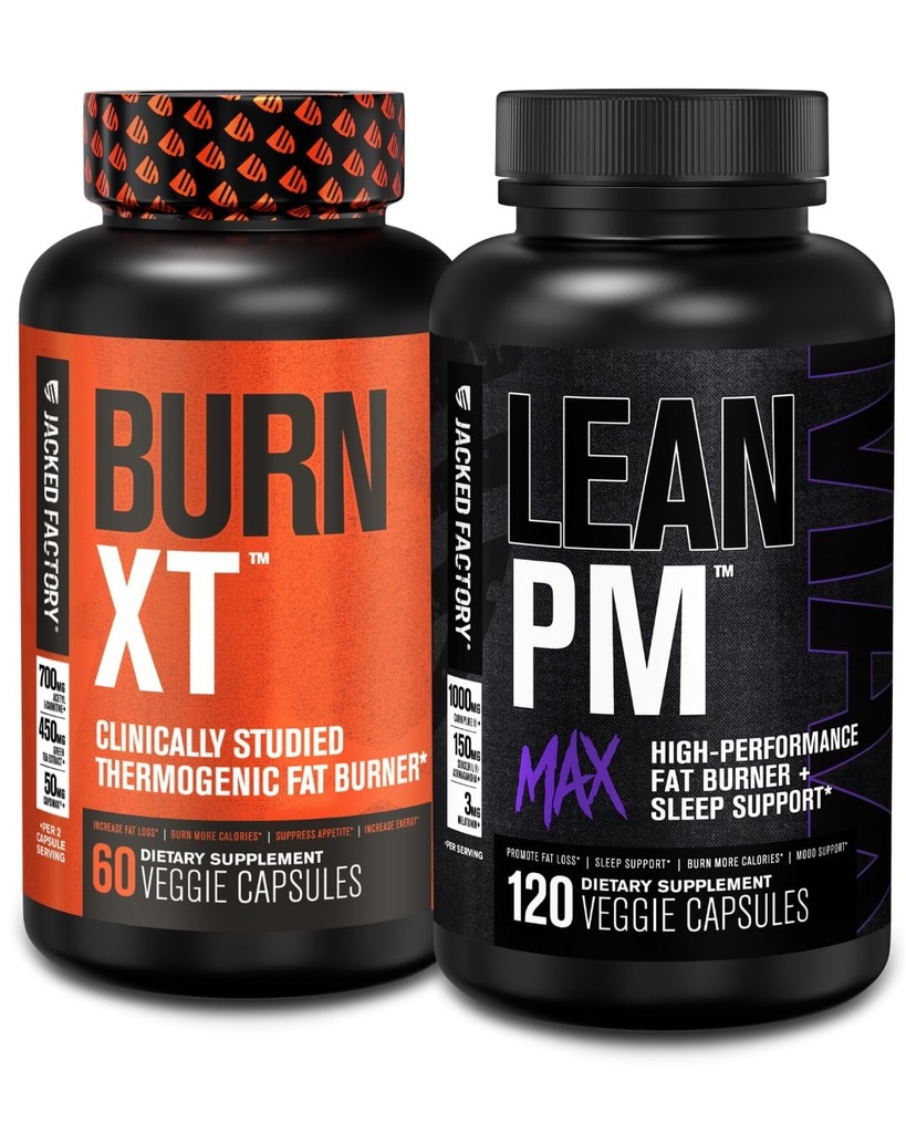 Jacked Factory Burn-XT Clinically Studied Thermogenic Weight Loss (60 Capsules) - Lean PM MAX Sleep Aid (120 Capsules) for Appetite Suppression (180 Capsules)