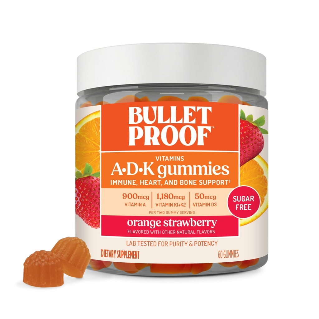 Bulletproof Sugar-Free Orange Strawberry A+D+K Vitamin Gummies, 60 Count | Keto Supplement for Heart, Bone and Immune Support, New and Improved Formula and Texture