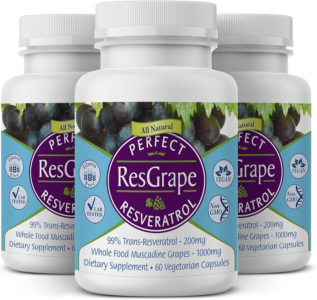 Suplementos Perfeitos – ResGrape Resveratrol Perfeito – 60 Cápsulas – Trans-Resveratrol e Uvas Orgânicas de Muscadina - 3 Pack