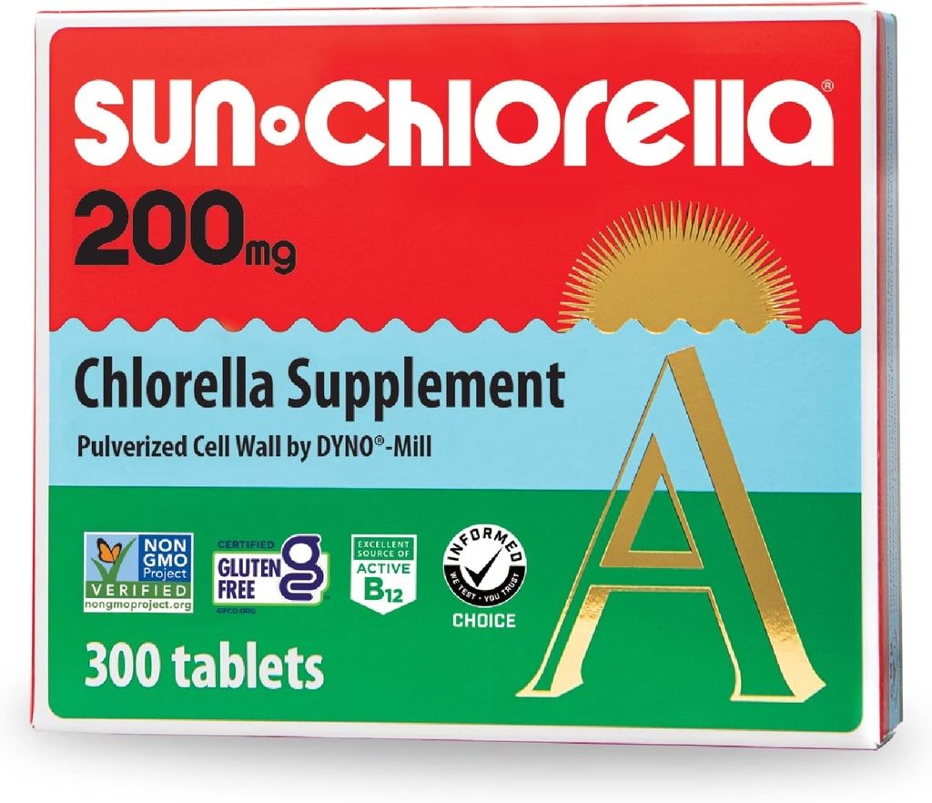 Sun Chlorella 200 mg Green Algen Superfood Supplement - Verpulverde celwand - Chlorofyl, CGF, Active B12, Iron, Proteine - Non-GMO - 300 Tabletten
